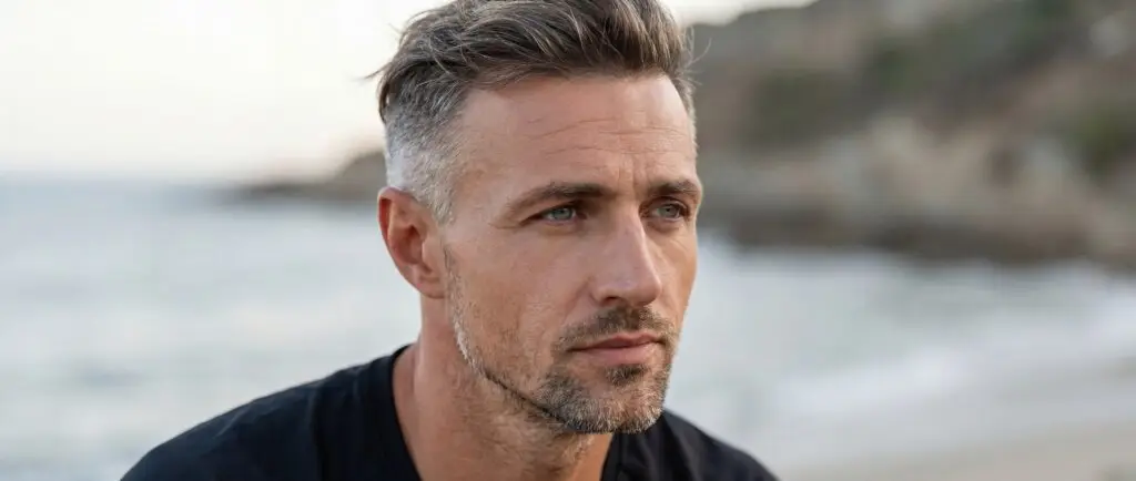 A man with short, gray-streaked hair and stubble looks thoughtfully into the distance while sitting outdoors near a blurred shoreline. He is wearing a black shirt.