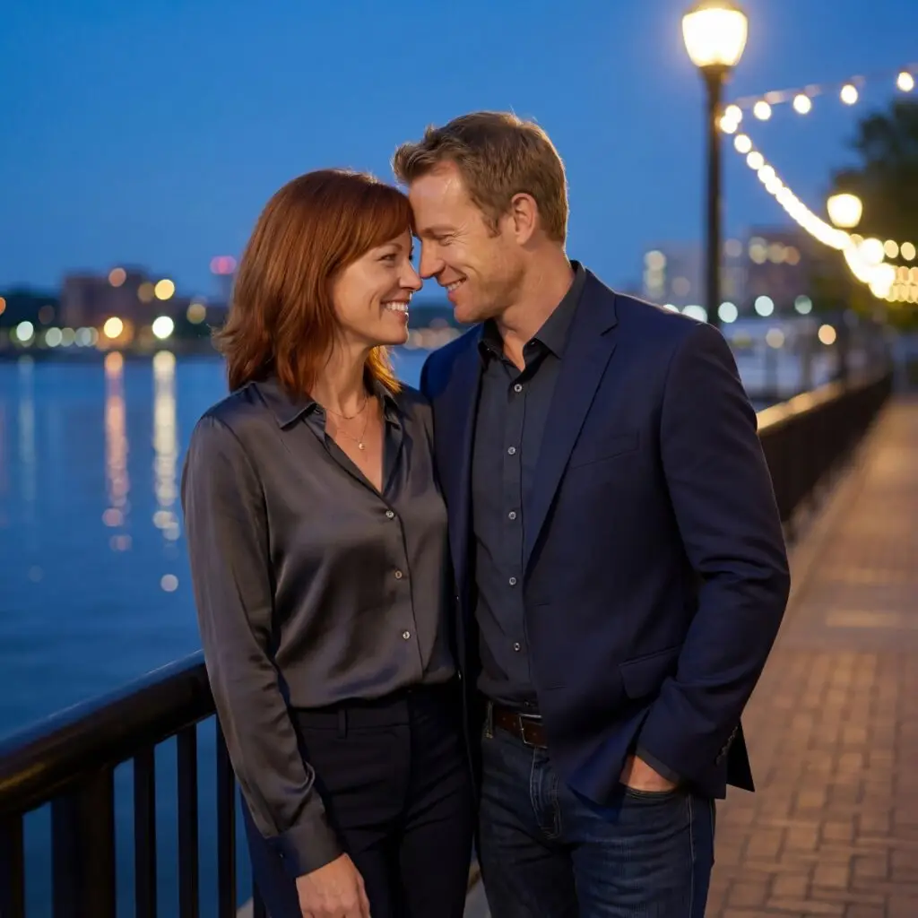 Loving couple sharing an intimate moment on an evening date, representing improved relationship wellness through men's wellness programs