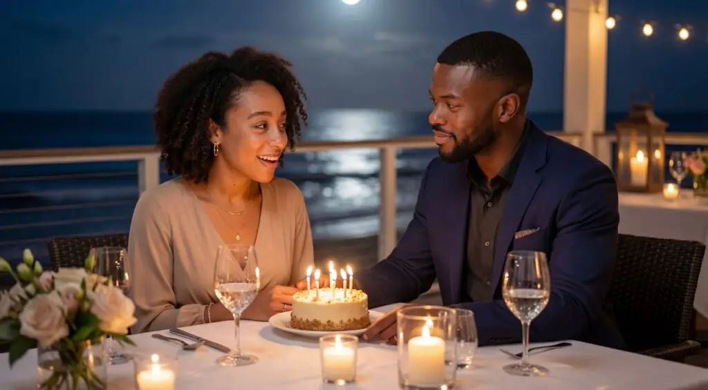 A couple sits at a candlelit table by the ocean at night, celebrating with a cake topped with lit candles. The woman smiles at the man, and they are surrounded by flowers, wine glasses, and soft string lights.