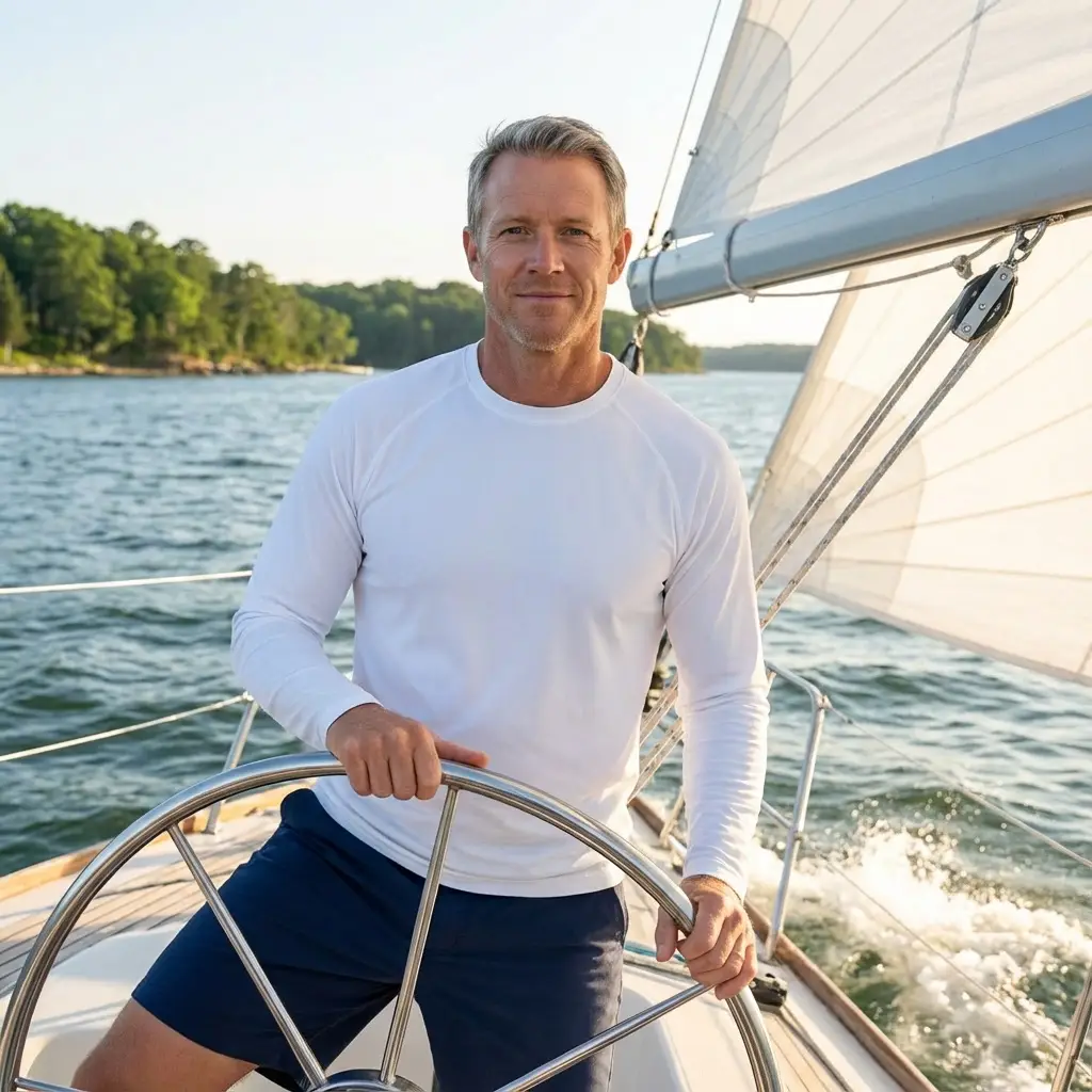 A man in a white long-sleeve shirt and dark shorts stands at the wheel of a sailboat, smiling, with water and trees visible in the background on a sunny day.