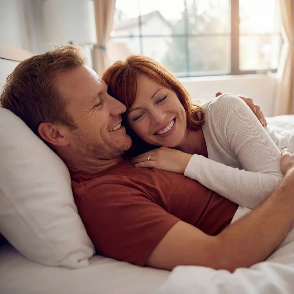 A smiling couple lies in bed, cuddling under white sheets. The woman embraces the man from behind, both looking happy and relaxed in a sunlit bedroom with large windows in the background.