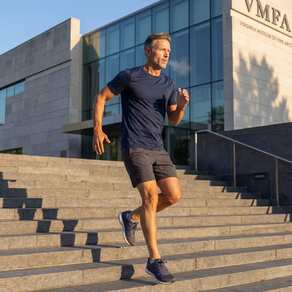 A man in athletic clothing jogs down outdoor steps in front of the Virginia Museum of Fine Arts, with modern glass architecture in the background on a sunny day.