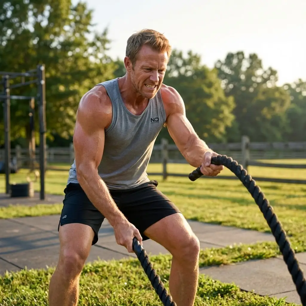 A man in athletic wear intensely exercises with battle ropes outdoors on a sunny day, surrounded by grass and trees.