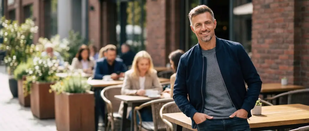 Confident middle-aged man smiling at outdoor café, representing restored confidence